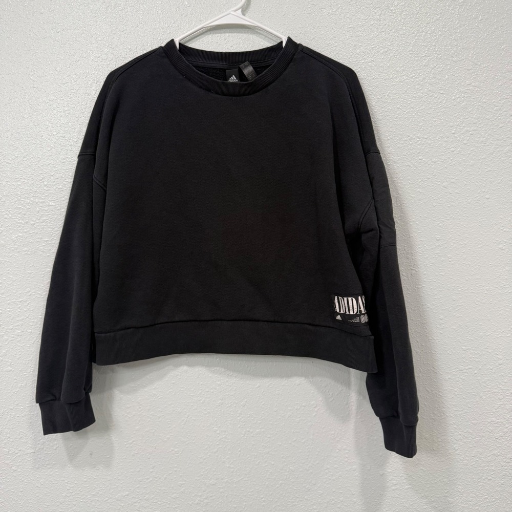 Adidas Sportswear Womens Cropped Sweatshirt Black Utility Sleeve Pocket HG0838